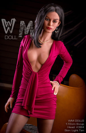 Sex doll in a pink dress with visible branding on a dark background
